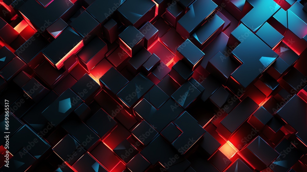abstract geometric background with neon lights and cubes - obrazy, fototapety, plakaty 