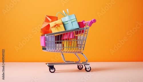 Trolley cart and colorful paper shopping bags on bright,shopping cart on yellow background,a shopping cart with colorful boxes