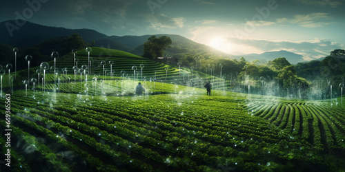 Amazing photo of tea plantation in the morning stead plantation in early morning.AI Generative photo
