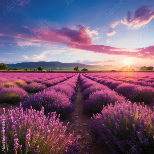 Evening lavender field at sunset