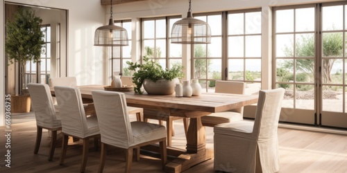 Design a modern farmhouse dining room with a reclaimed wood table, linen slip covered chairs, and a statement light fixture. AI Generative