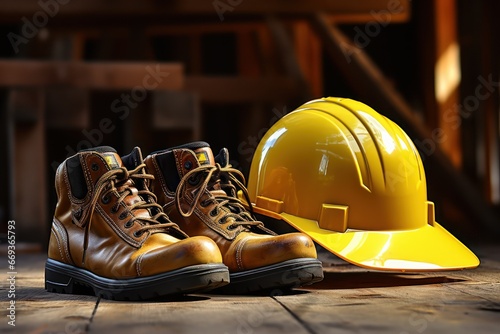 Work safety. Protective hard hat and boots on wooden table, blur industrial plant interior
