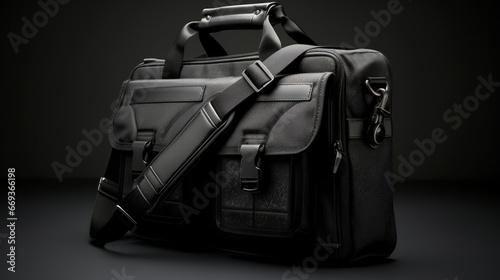 A shot of a laptop bag, with a sleek black strap