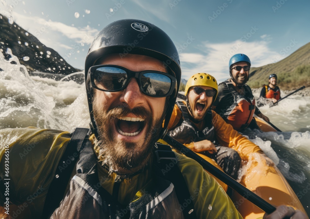 A guide leading a group of adventurers on a whitewater rafting expedition, capturing the adrenaline A guide leading a group of adventurers on a whitewater rafting expedition, capturing the adrenaline