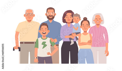 Portrait of a big happy family on a white background. Grandparents, mom and dad and children. Vector illustration