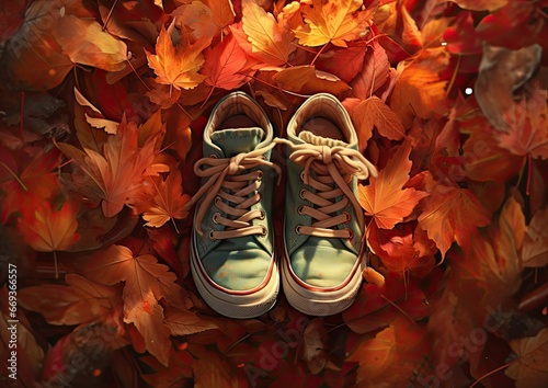 A high-angle shot of a baby's feet covered in colorful autumn leaves, capturing the seasonal beauty