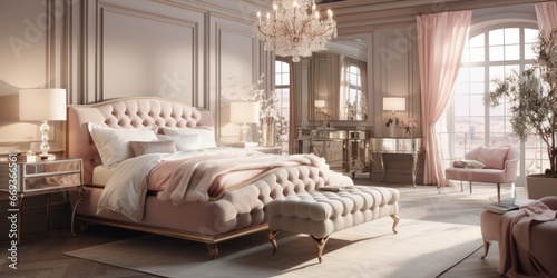 Design a Parisian-inspired bedroom with a tufted headboard, a crystal chandelier, and a mirrored vanity. AI Generative photo
