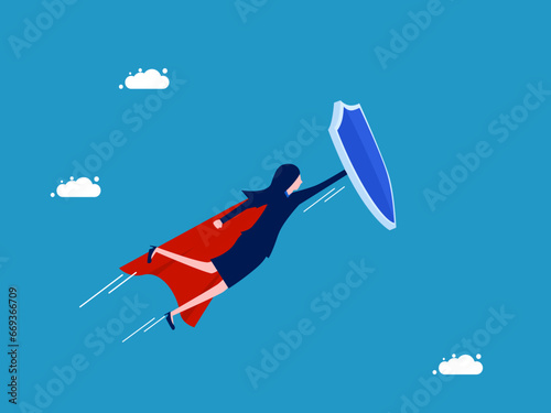 Ultimate protection. Businesswoman hero holding a shield flying in the sky. Vector