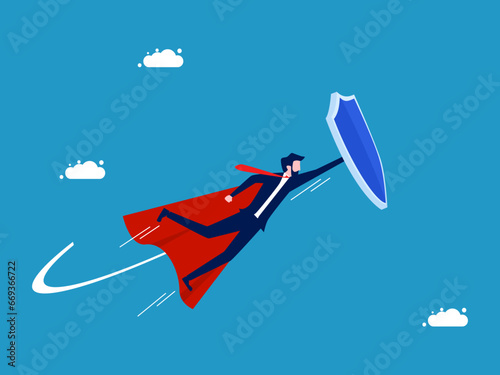The best defender. Businessman hero holding a shield flying in the sky. Vector
