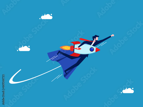 Develop new innovations. Businessman hero holds a rocket and flies in the sky. Vector