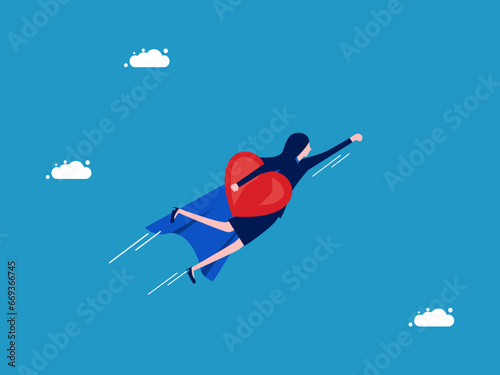 Restore your life or find freedom in your life. Businesswoman hero holding a heart flies in the sky. Vector