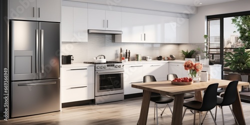 Design a sleek and modern kitchen with stainless steel appliances  white cabinets  and a bold back splash. AI Generative