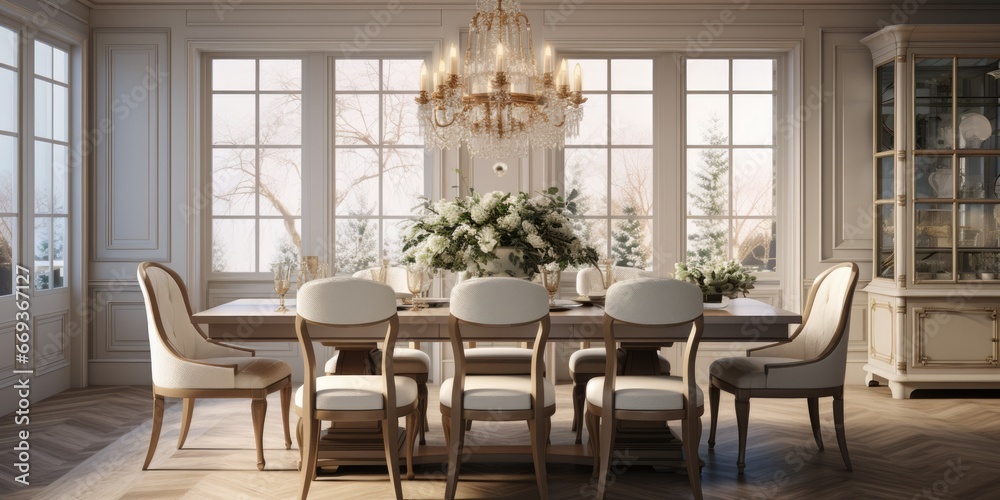 Design a traditional and elegant dining room with a wooden table, upholstered chairs, and a crystal chandelier. AI Generative