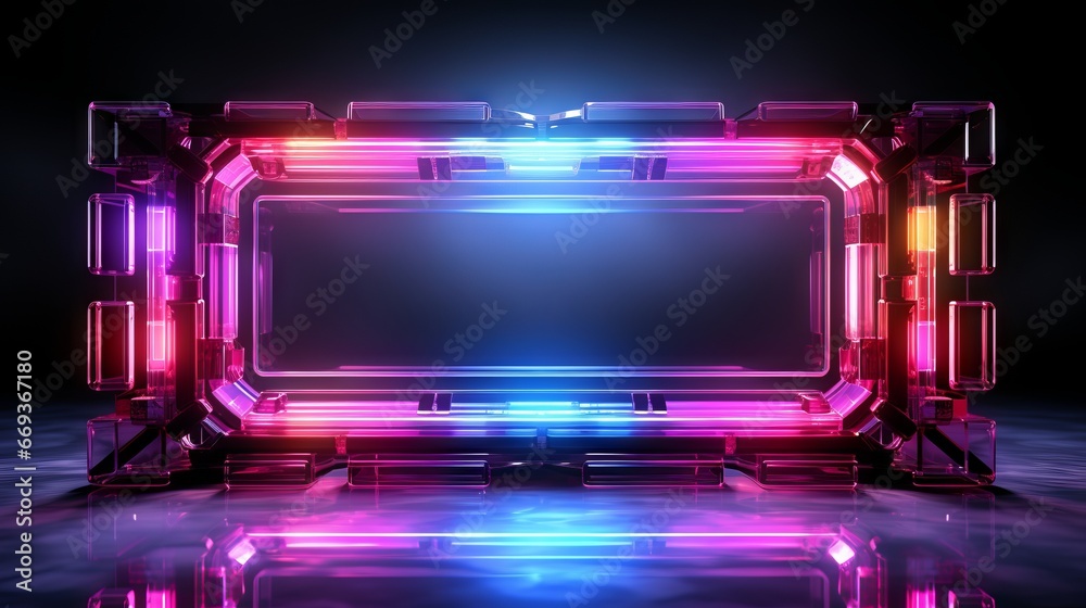 Futuristic neon sign hanging on wall. Made with Generative AI. Futuristic neon sign hanging on wall. Made with Generative AI.