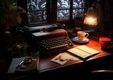 A high-angle shot of a writer's desk, with a vintage typewriter, a stack of books, and a cup of