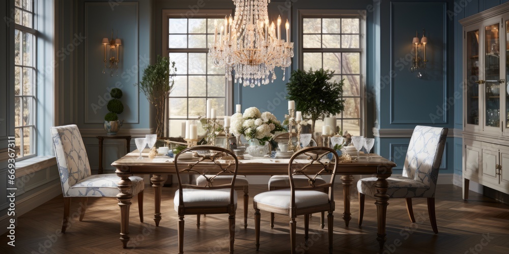 Design a traditional and elegant dining room with a wooden table, upholstered chairs, and a crystal chandelier. AI Generative