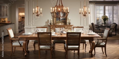 Design a traditional and elegant dining room with a wooden table, upholstered chairs, and a crystal chandelier. AI Generative © Horsi
