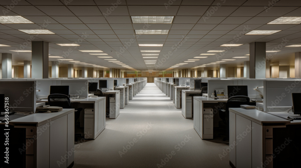 A shot of a row of cubicles, with computers and office supplies