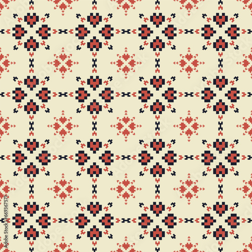 Geometric floral shape pixel grid pattern. Vector geometric floral embroidery square grid seamless pattern. Geometric pixel pattern use for fabric, textile, home decoration elements, upholstery, etc.