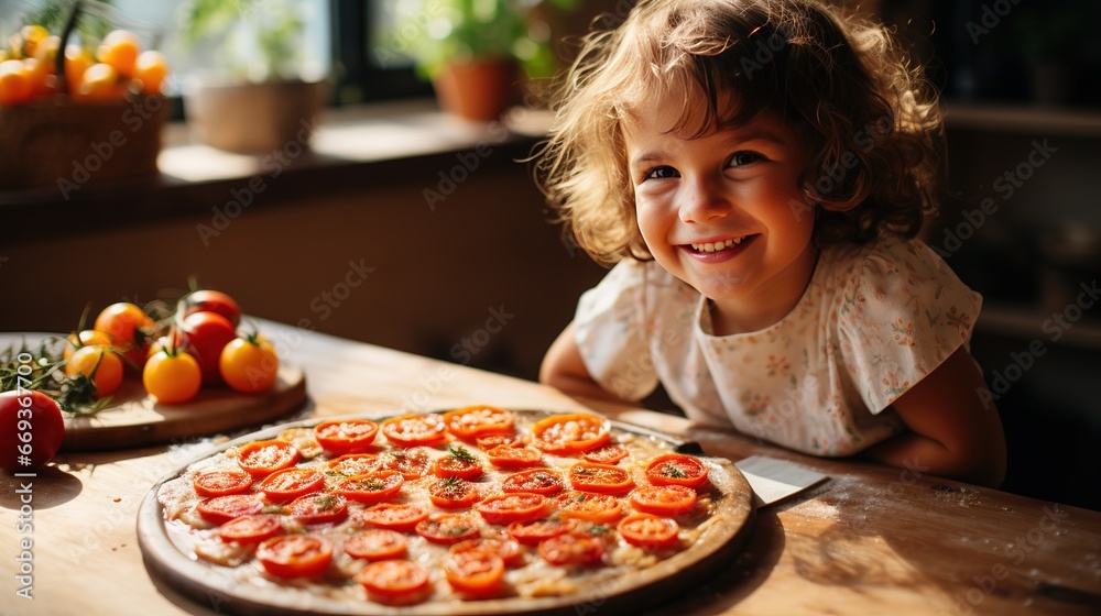 A little child preparing homemade margherita handmade pizza in the home kitchen