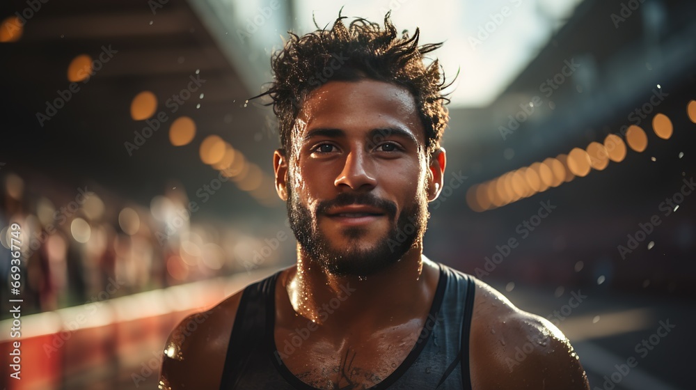 A tired but satisfied strong athlete has run a difficult distance on a sports track in olimpic games - obrazy, fototapety, plakaty 