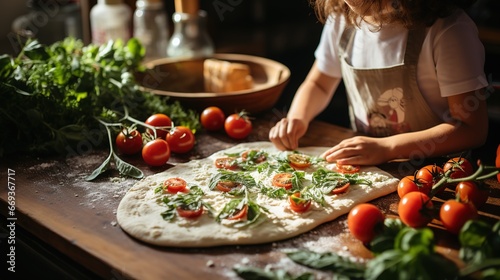 A little child cooking homemade margherita handmade pizza in the home kitchen