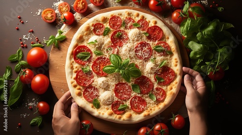Pizza making with ingredients lies on the table, preparation of pizza mozzarella, pepperoni photo