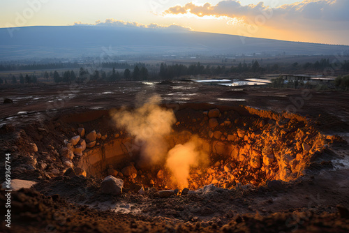 an open pit with steam rising up from the ground in front of mountains and hills at sunset is seen in the background