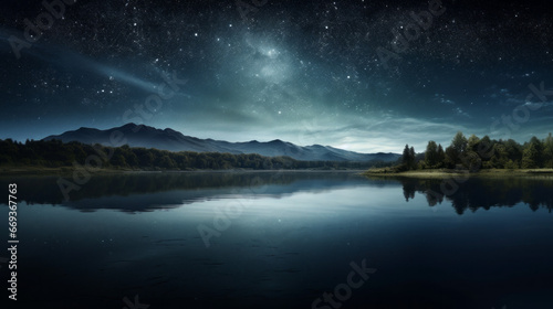 A shimmering lake reflects the night sky, its surface still and calm