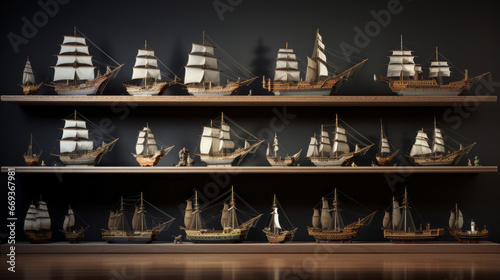 Foto A set of model ships, lined up on a shelf