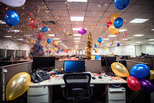 an office decorated with balloons and confectional streamers in the air, as well for birthdays