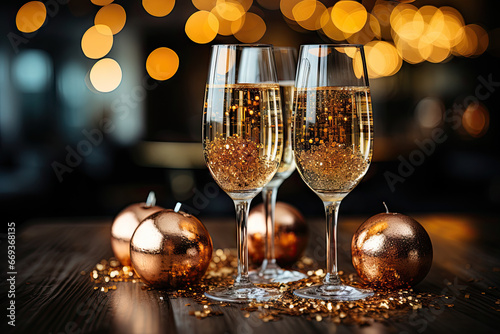 two glasses of champagne on a table with christmas ornaments and lights in the background photo is taken at night time