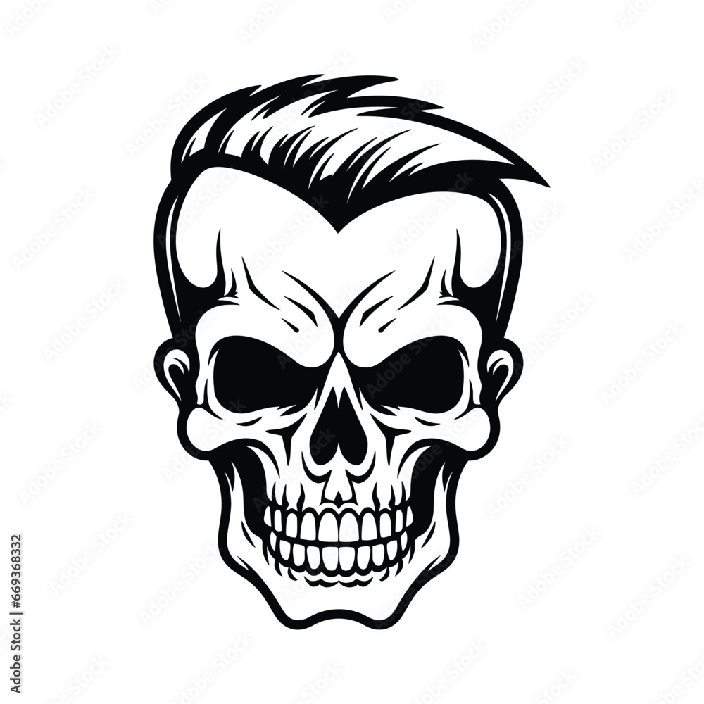 Black and white skull with hair illustration Black and white skull with hair illustration