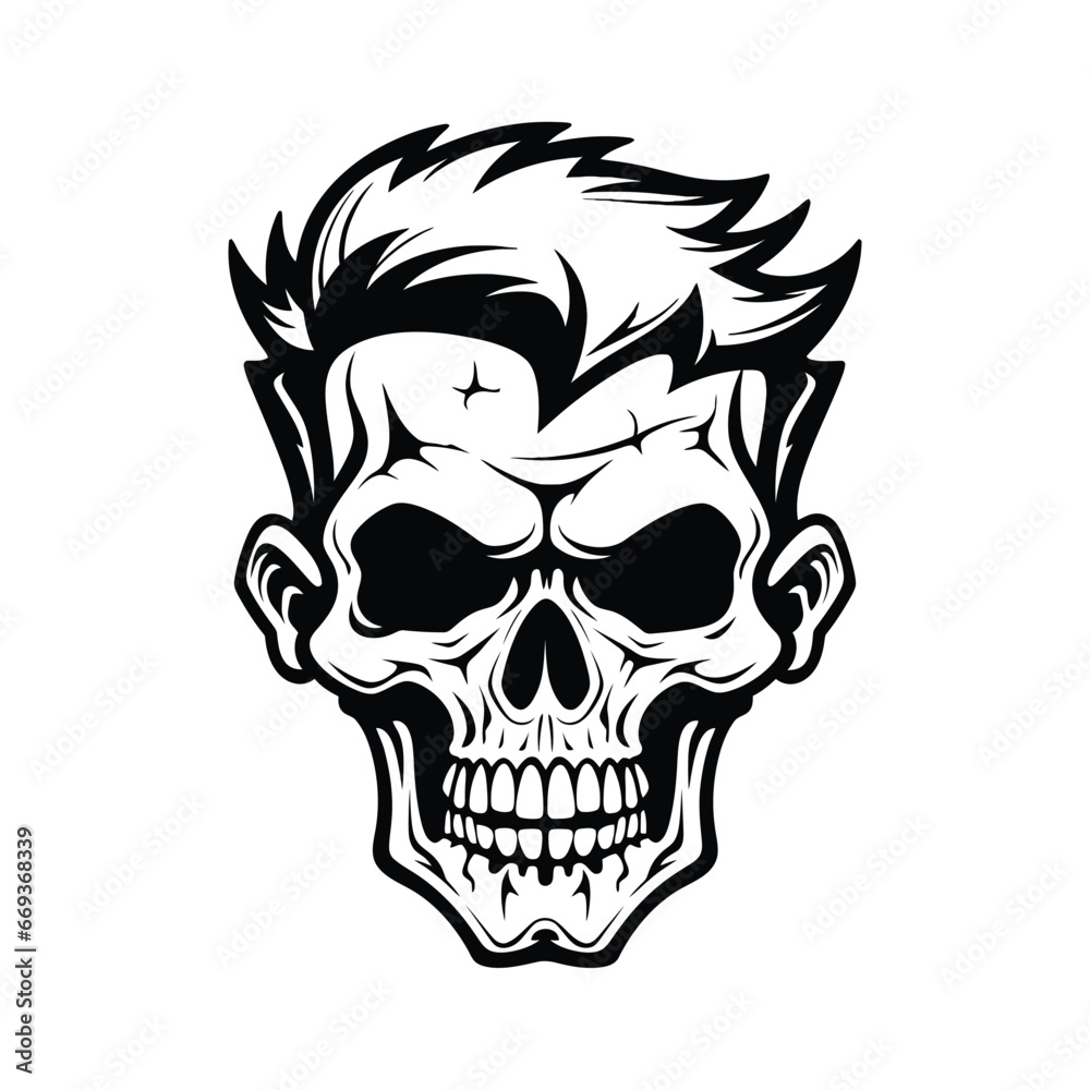Black and white skull with hair illustration Black and white skull with hair illustration