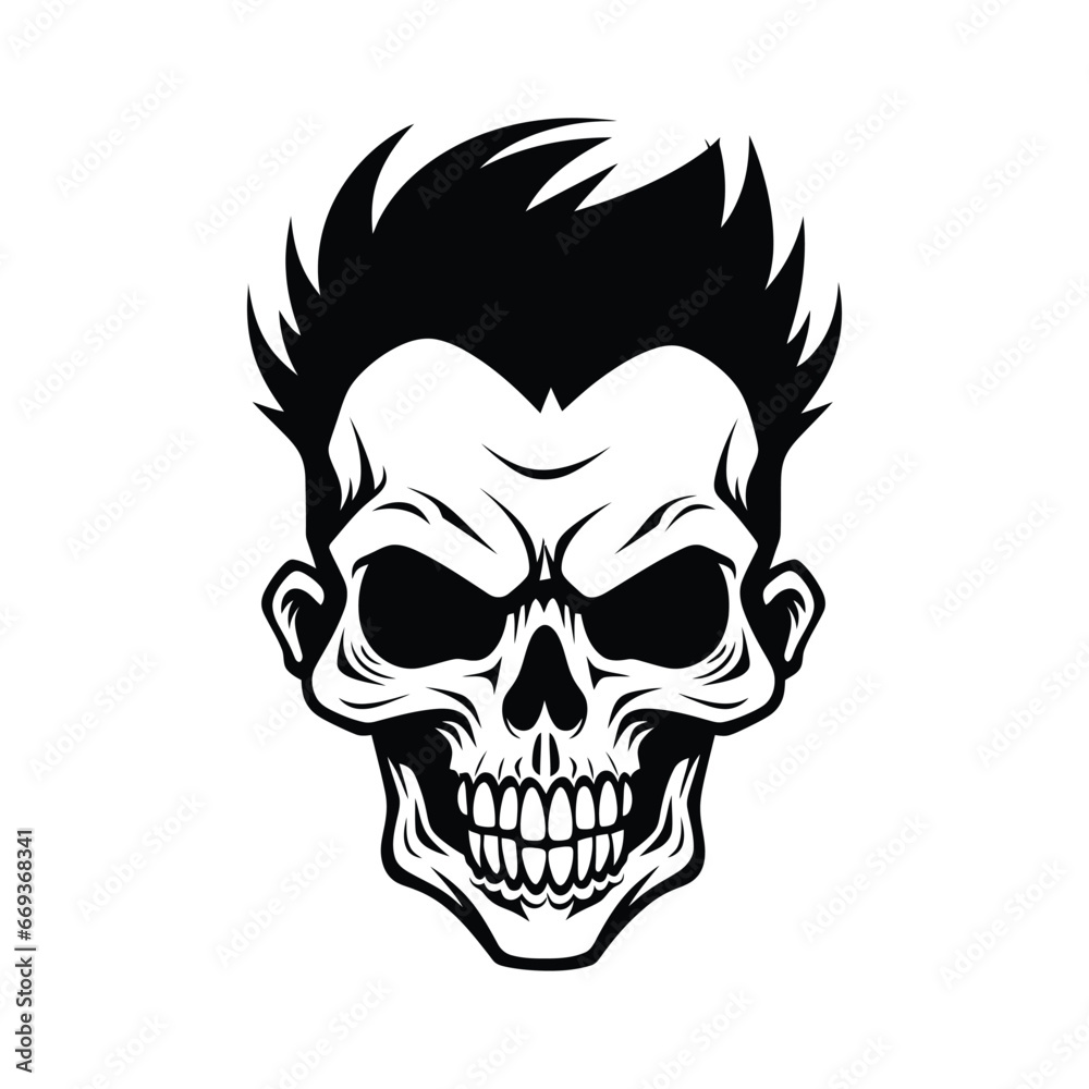 Black and white skull with hair illustration Black and white skull with hair illustration