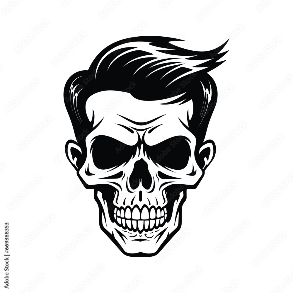 Black and white skull with hair illustration