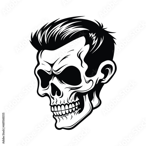 Black and white skull with hair illustration