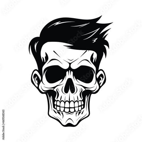 Black and white skull with hair illustration