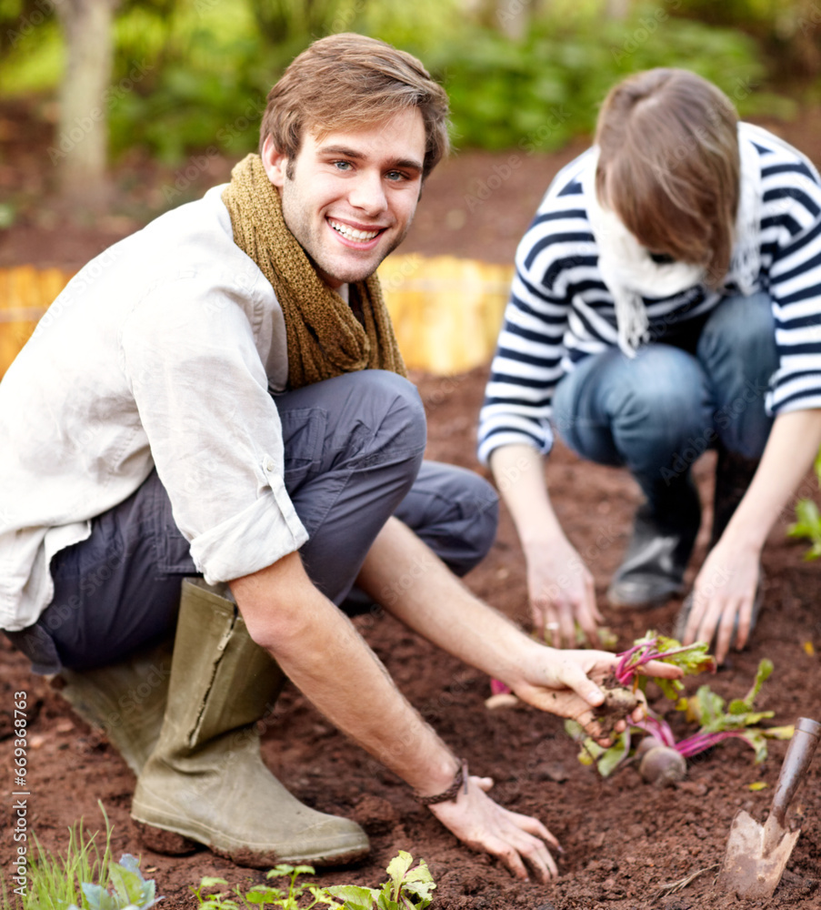 Vegetable, plant and portrait of couple gardening together in backyard with a harvest. Farming, growth and people working with beetroot and growing plants for sustainable, organic or vegan food