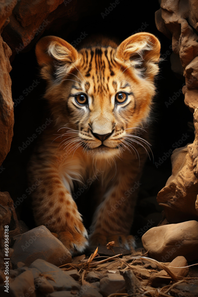 Lion cub king in cave. Baby illustration, AI Generative