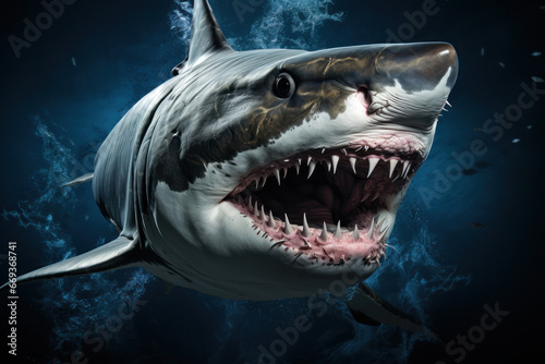 Angry Great White Shark with big tooth swimming in the ocean. AI Generative