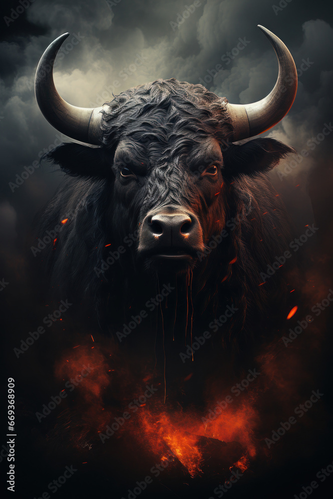 Illustration angry bull portrait fire and smoke. Animal on a dark background. Generative AI