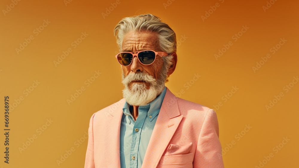 Stylish Summer Portrait Elderly Man in Sunglasses on Pastel