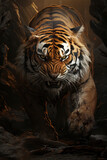 Tiger portrait with leaves in jungle. Created with Generative AI