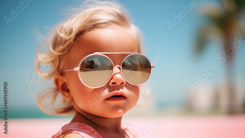 Fashion Portrait of Stylish Baby Girl with Sunglasses on Summer