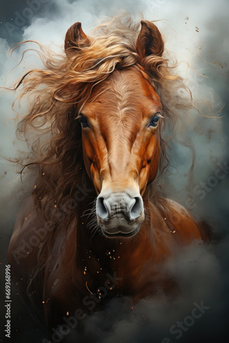 Horse portrait with smoke. Created with Generative AI