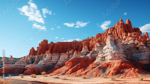 A series of vibrant red cliffs stand tall against a brilliant blue sky, the sun casting a beautiful orange glow