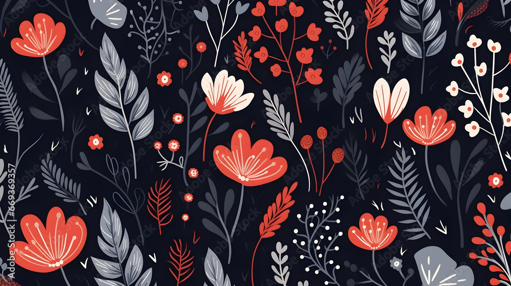 Seamless pattern with red and white flowers, Seamless floral background Seamless pattern with red and white flowers, Seamless floral background