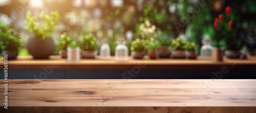 Rustic elegance. Empty wooden tabletop in bright vintage setting. Natural tranquility. Desk with charm and bokeh background. Retro vibes. Perfect blank slate for display