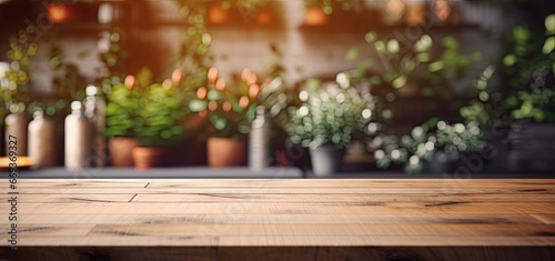 Rustic elegance. Empty wooden tabletop in bright vintage setting. Natural tranquility. Desk with charm and bokeh background. Retro vibes. Perfect blank slate for display © Thares2020